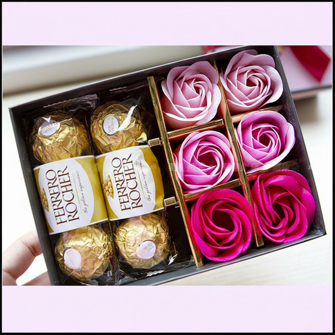 金莎巧克力6顆入 6朵玫瑰香皂花禮盒 情人節禮物 母親節 畢業禮物, 1件, 粉紅色