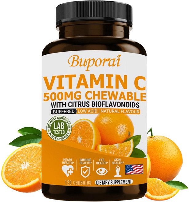 완충 비타민 C 500mg 보충제 - 항산화 감귤 바이오플라보노이드로 흡수력 향상 (씹어먹는 정제 120정), 1개, 60정
