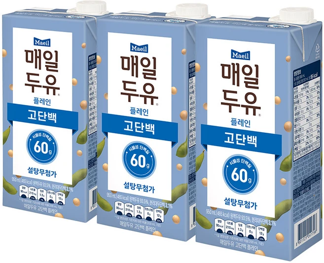 매일두유 고단백 설탕무첨가 식물성단백질, 950ml, 3개 - 쿠팡