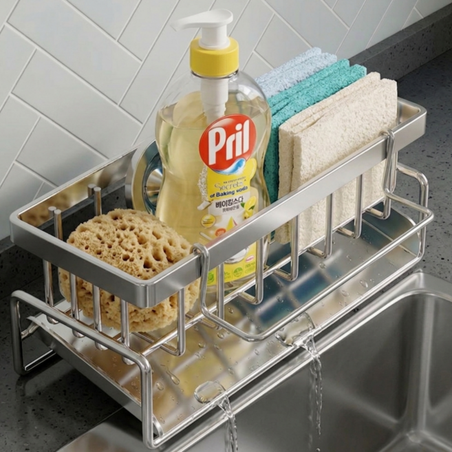 리즈앤모어 물때 없는 자동 물빠짐 수세미 거치대 스테인리스, 1개, 실버