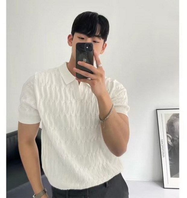 남성용 머슬핏 반팔 카라 니트 티셔츠