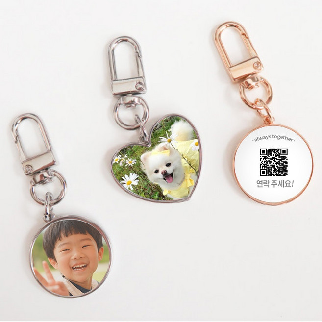 감동상자 포토키링 QR 인식표 이름표 강아지 고양이 주문제작 키링, 원형-골드, 단면포토(연락처), 1개