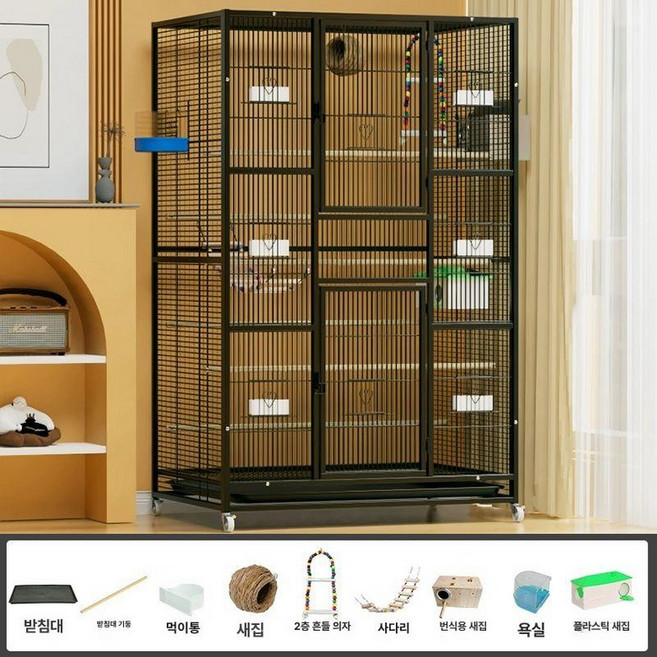 대형 새장 앵무새 조류 이동장 회색앵무 펜스 바퀴 앵무새집, 새장 대형, 1개, 검정색 96x64x148 없음 3