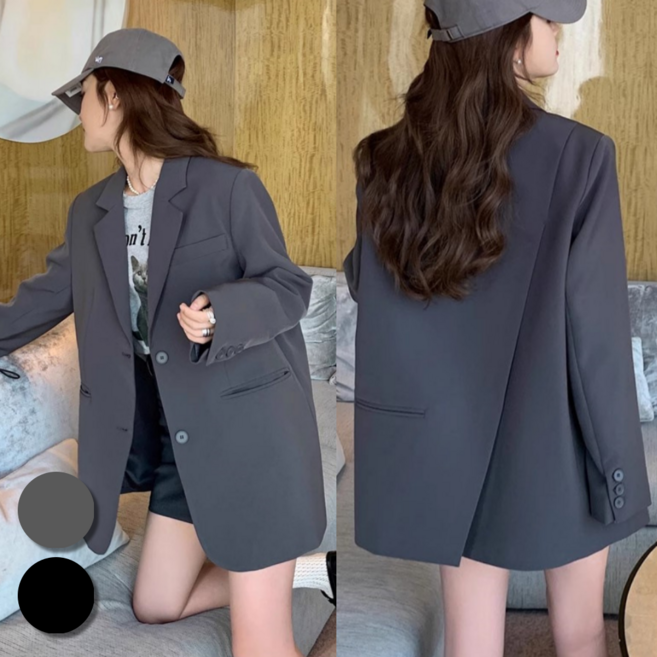 핏몬 여성 오버핏 사선 캐주얼 정장 블레이져 롱 자켓