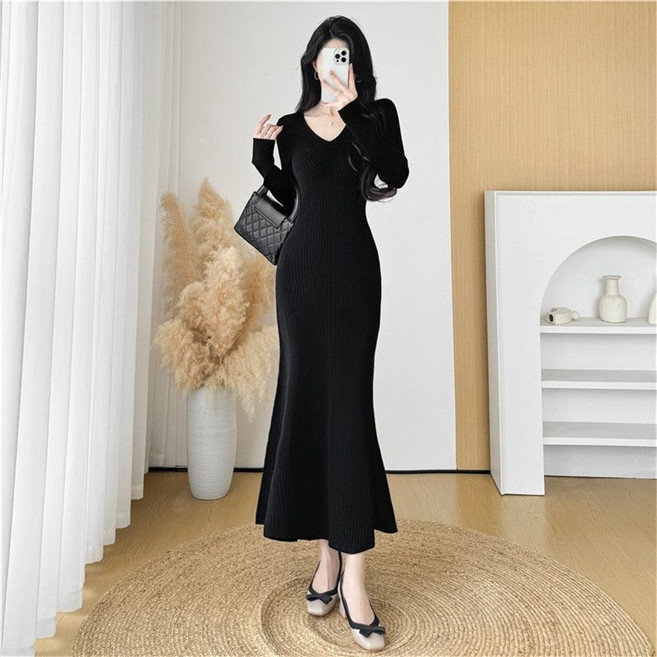 TKX 여성용 브이넥 니트 원피스 겨울 긴팔 슬림핏 머메이드 롱 원피스 하객룩 K37