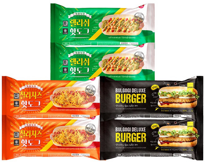 XOXO 아메리칸 스타일 핫도그 3종 혼합구성(렐리쉬/칠리치즈/디럭스버거), 2세트, 490g