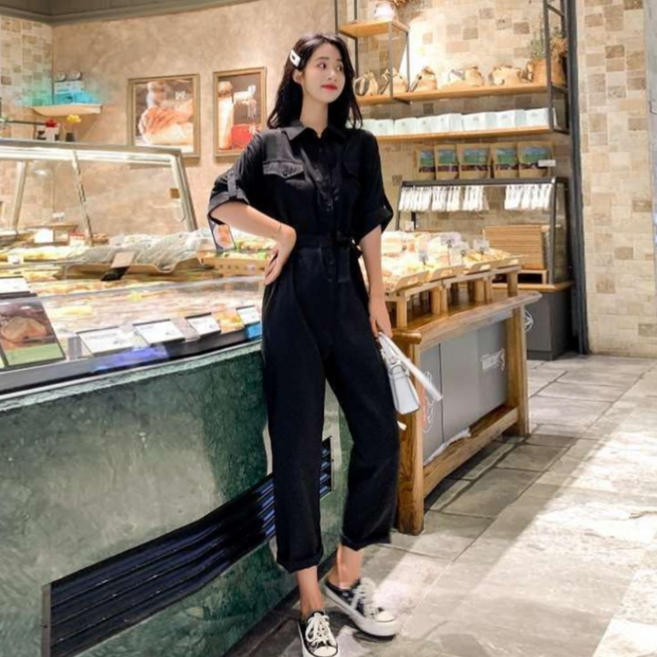 besteffie 여성 여름 점프수트 심플 스타일 허리 벨트 장식 반팔 깔끔한 디자인 소매 롤업 고급 오피스룩 K83