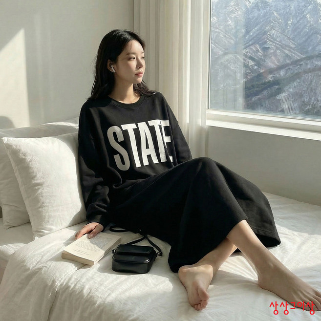 상상그이상 여성용 국내제작 스테이트 롱원피스 빅사이즈 오버핏 면100 레터링 포인트 마실룩 홈웨어룩