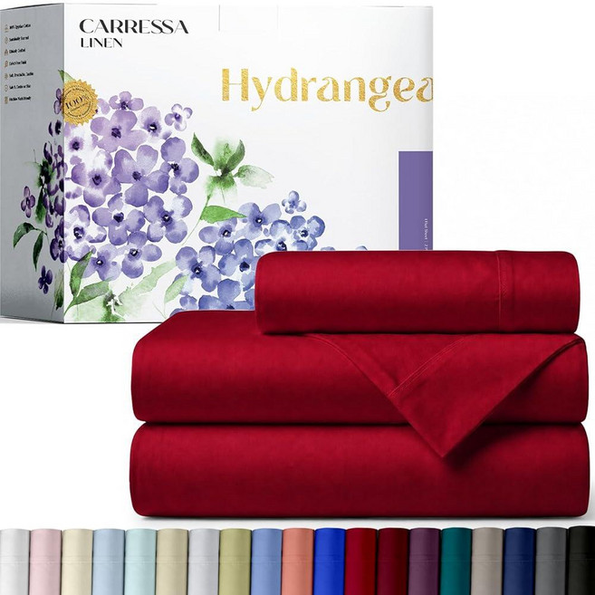 Carressa Linen 100% 이집트 면 프린트 침대 시트 - 600 시리즈 3피스 트윈 시트 세트 호텔 럭셔리 새틴 침대 시트 40.6cm(16인치) 딥 포켓 소프트, 17: 트루 레드