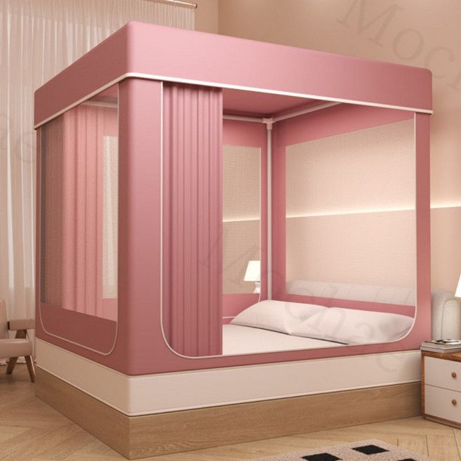 Mochae 사각 난방텐트 실내 방한 텐트 모기장 기숙사 암막 침대 커튼 암막텐트 세트, 핑크