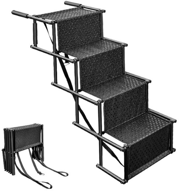 Kismetic 4단 접이식 대형견 차량용 계단 강아지 스텝 발판 캠핑 차박 휴대용 애견 용품 차량 내부 승강 장치, 블랙