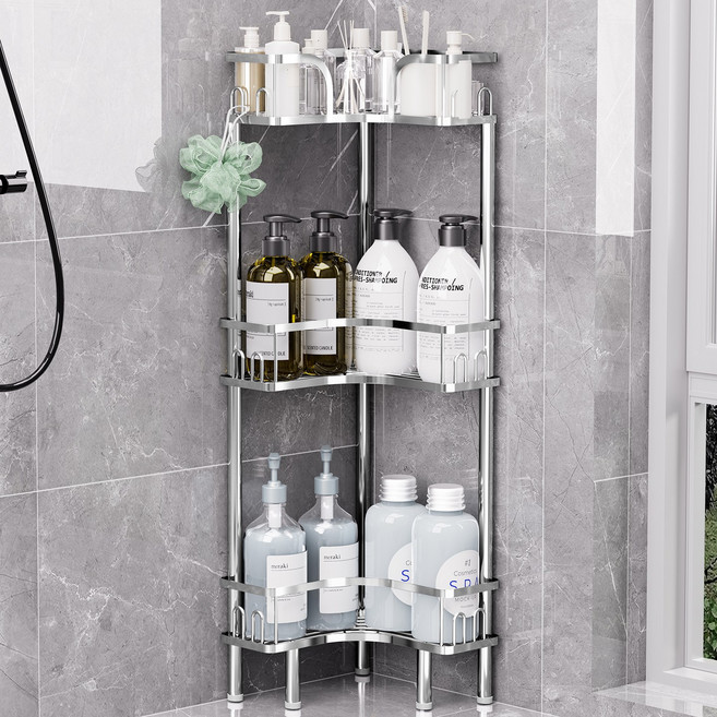 워촹스 스텐 욕실선반 스탠딩 코너 샤워 캐디 다층 수납과 공간 절약, 실버 (3단)