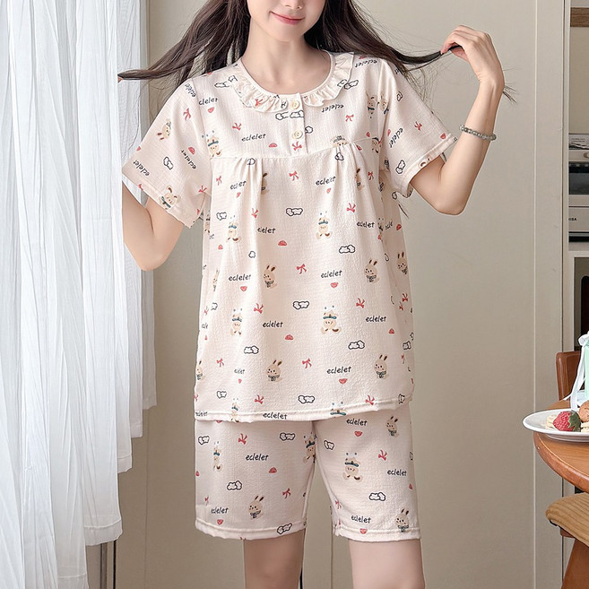 엘라운지 루즈핏 프릴 요루 반팔 상하세트 잠옷