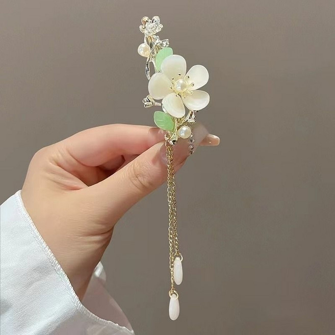 新中式古風流蘇髮夾 花朵蝴蝶鴨嘴夾彈簧夾, 1個, 玉蘭花髮夾, 玉蘭花髮夾