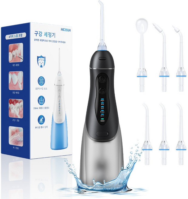 NICESUN 휴대용 대용량 구강세정기 건강한 구강관리 IPX7 급방수 물치실+ 6개노즐팁 D10, 블랙