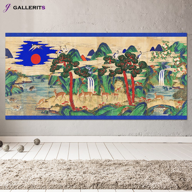 갤러리츠 십장생도 병풍 한국화 동양화 풍수지리 그림, 소형-65x30(가로x세로cm), P108-2-십장생도, 프레임색상