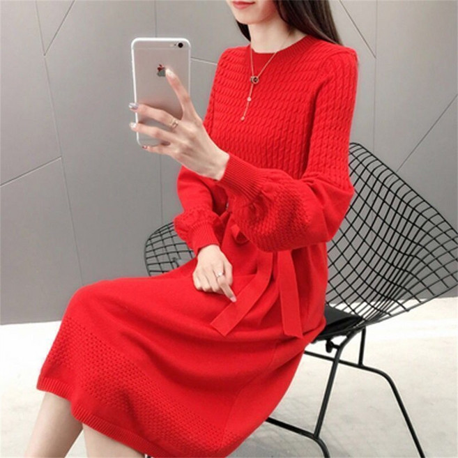 besteffie 여성 중장 기장 니트 원피스 겨울 가을 봄 긴팔 퍼프 슬리브 스트랩 여자 중년 a라인 클래식 일상 원피스 Q88