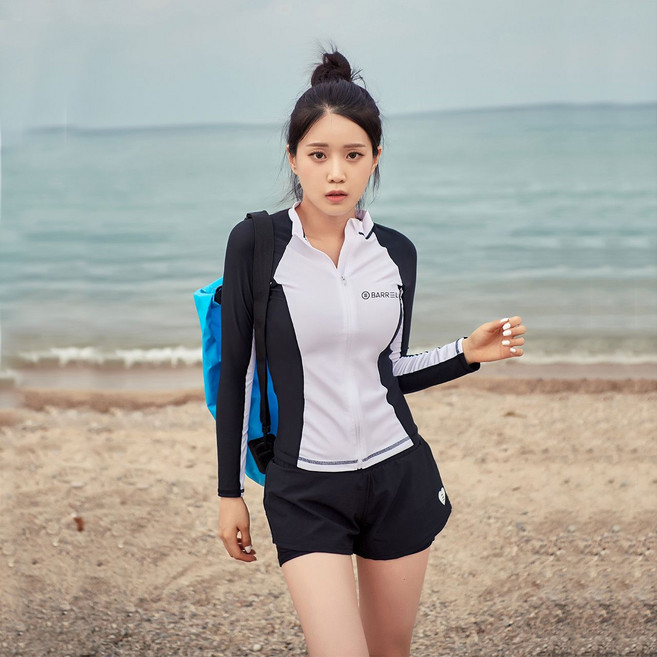 BARREL 女長袖泳衣 衝浪防曬速乾, 1個, 黑白拼接拉鏈（干濕均防曬）L