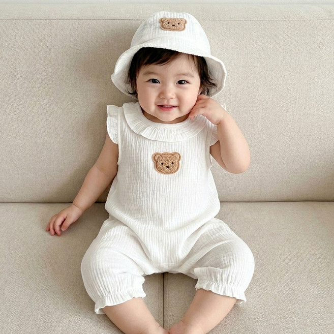 몽실이 곰돌이 거즈면 우주복 모자세트 여아 남아 프릴 민소매 반팔 바디슈트 벙거지 세트 아기 여름 외출복