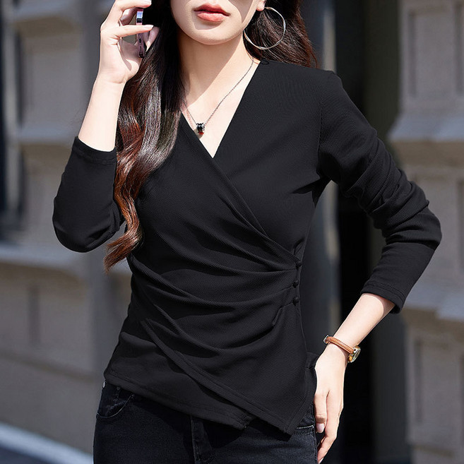 쁘띠꼬모 여성 슬림핏 랩 브이넥 버튼 포인트 긴팔 티셔츠 실루엣 데일리 오피스룩 QXT590302