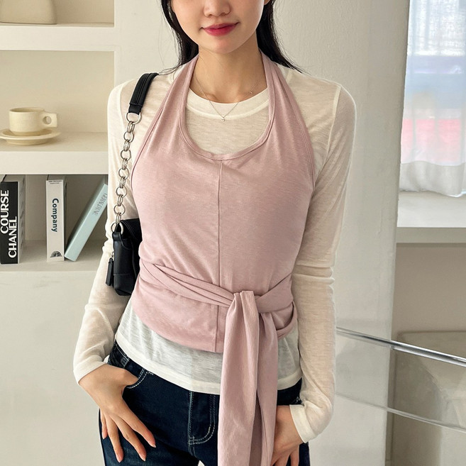 [디아미뇽] 키브 홀터넥 나시 꼬임 벨트 라운드넥 긴팔티 레이어드 세트