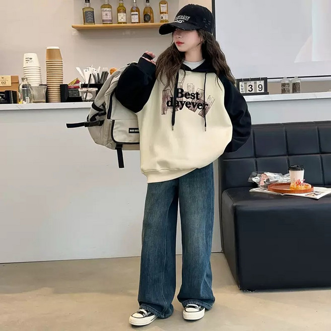 주니어 여아 봄 가을 간절기 투톤 오버핏 후드 티셔츠 CB034