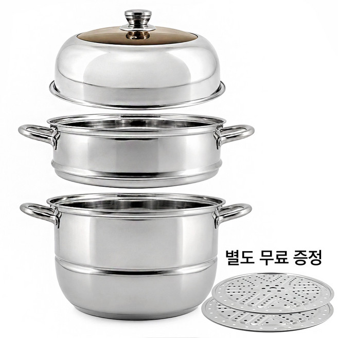 CookBuddy 스텐 찜기 3단 업소용 가정용 인덕션 만두 찜기 냄비, 1개, 32cm