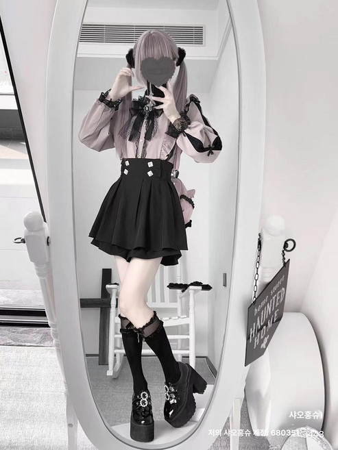 지뢰계옷 양산형 블라우스 셔츠 치마 스커트 셋업 세트 일본, 핑크 상의