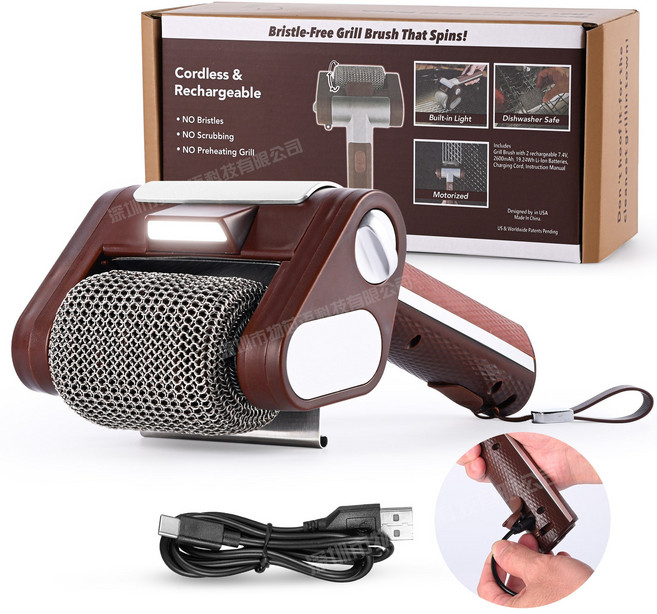 안전한 무모 충전식 전동 그릴 청소기 스테인리스 롤러 브러시 LED 라이트 BBQ 클리너, 1개, 갈색