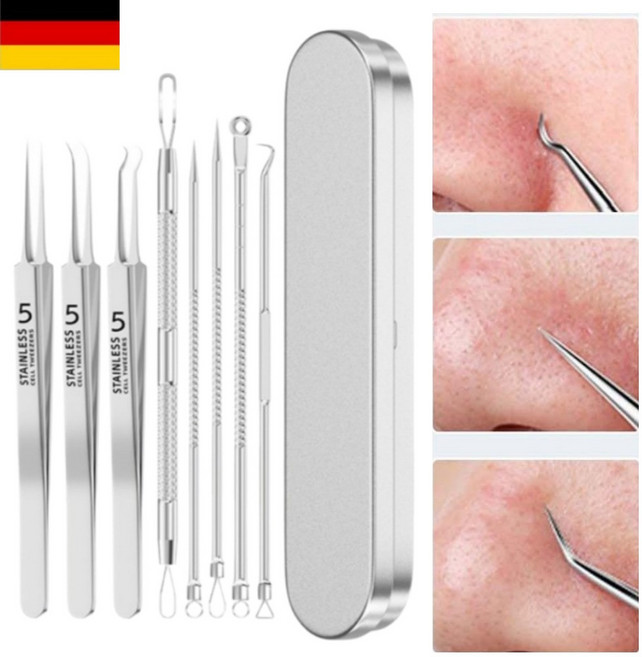 독일 세이코 멀티 쥐젖 코 피지 제거기 여드름 압출기 핀셋 바늘 블랙헤드 뾰루지 비립종 피부과 전용 8종 세트, 1세트, 은색