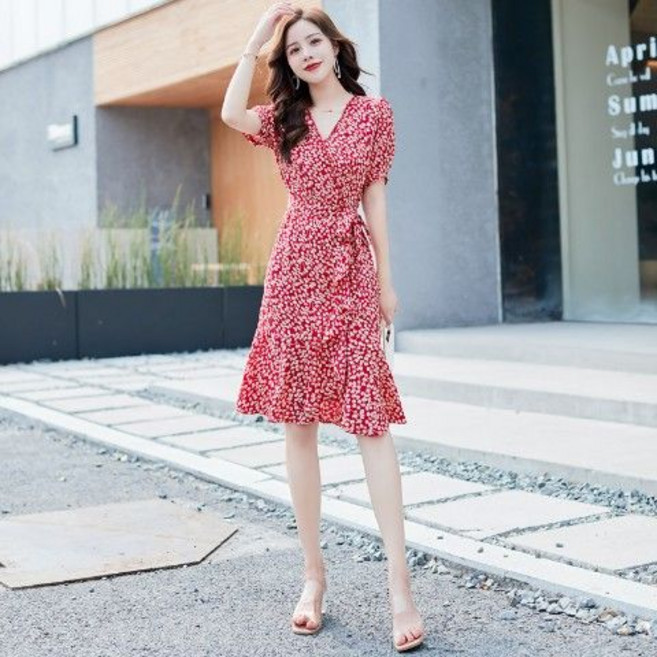 COSYEVNO 여성 원피스 날씬해 보이는 프린트 쉬폰 원피스