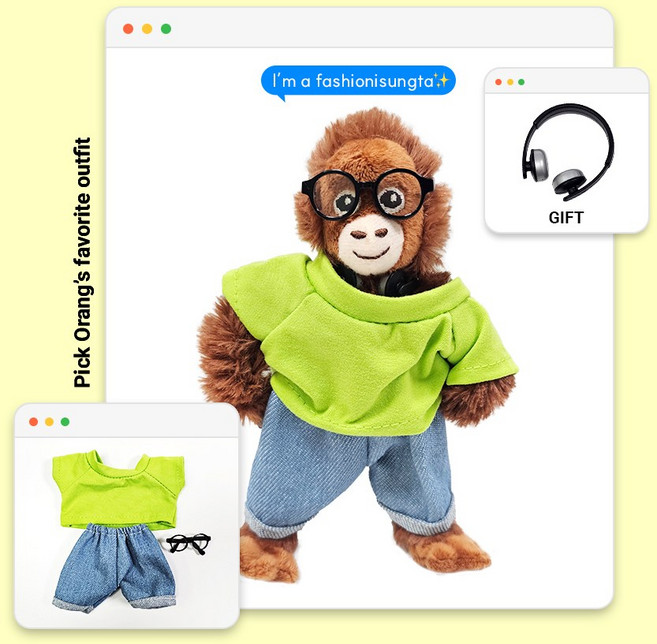 로앤제이 미니 오랑우탄 인형 키링 의상 착장 세트, 1. 베이직티그린+연청팬츠+블랙뿔테안경, 1개