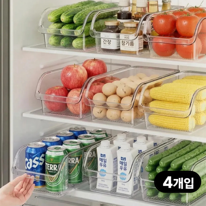 아르벤 대용량 깔끔 수납 냉장고 정리 트레이, 4개, 투명
