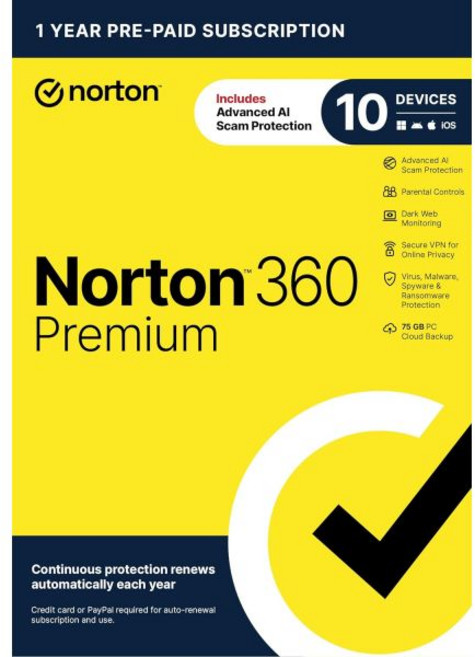 자동 갱신 기능이 있는 10개 디바이스용 안티바이러스 소프트웨어인 Norton 360 Premium - 고급 AI 사기 방지 VPN 다크 웹 모니터링 및 PC 클라우드 백업, Norton 360 Premium - 10 Device