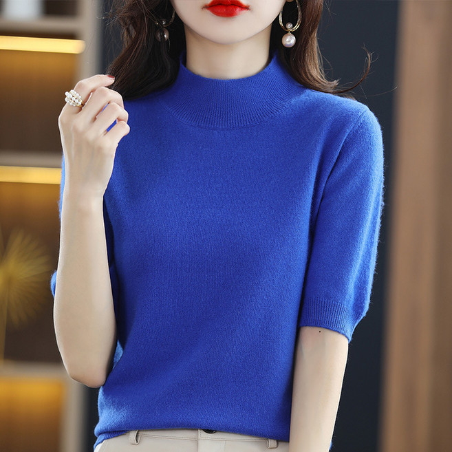 류룡 여성 베이직 반팔 반목 니트티 티셔츠