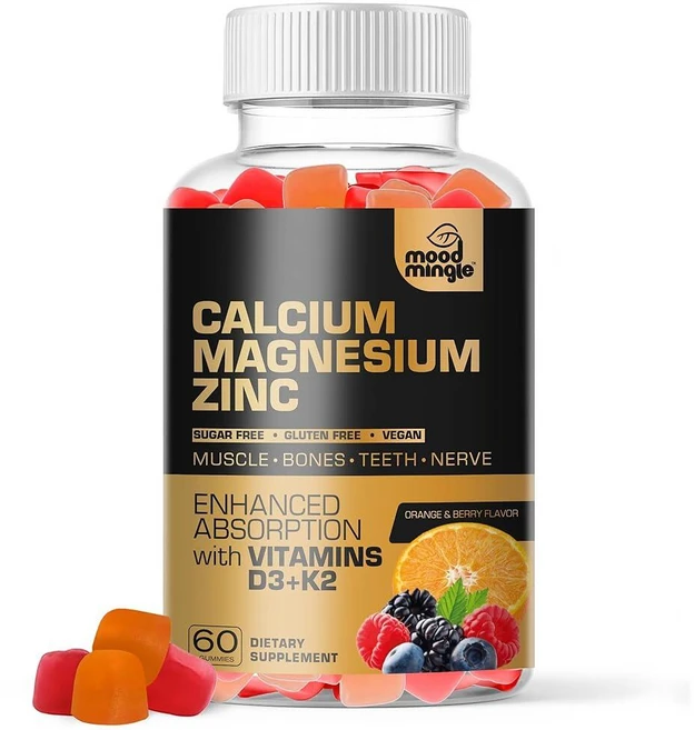 어린이 유아 및 성인용 칼슘 마그네슘 아연 보충제 젤리 - 비타민 D3 K2로 향상된 흡수 무설탕 글루텐 프리 Cal Mag 비건 츄어블 복합체, 1개, 60정 - 쿠팡
