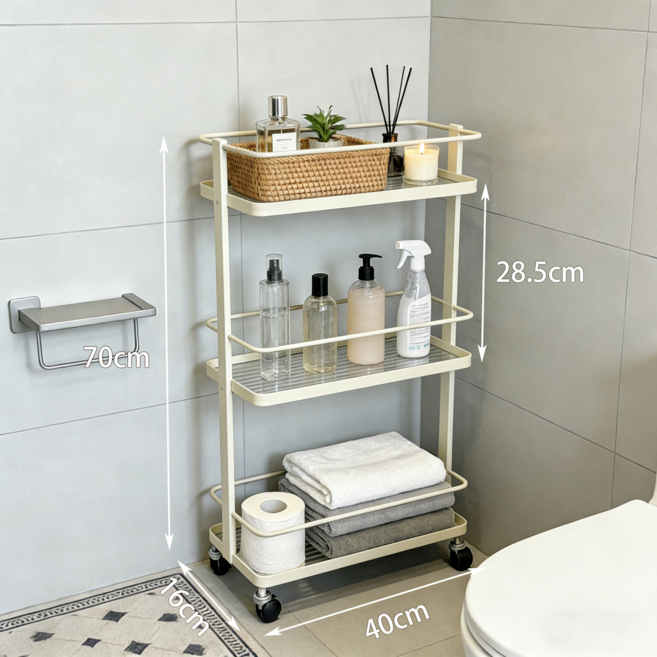 이동식 트롤리 철제 욕실 수납선반 이동식 바닥형 다층 수납장 카트형 욕실 코너 틈새 수납선반, 3단, 베이지 유리