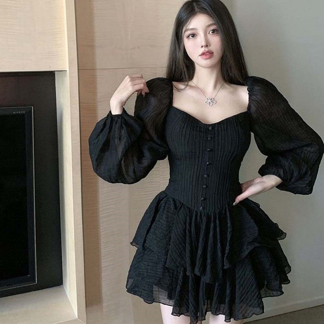 TKX 여성 레트로 미니 원피스 퍼프 소매 스퀘어넥 하객룩 러블리 스타일 슬림핏 플레어