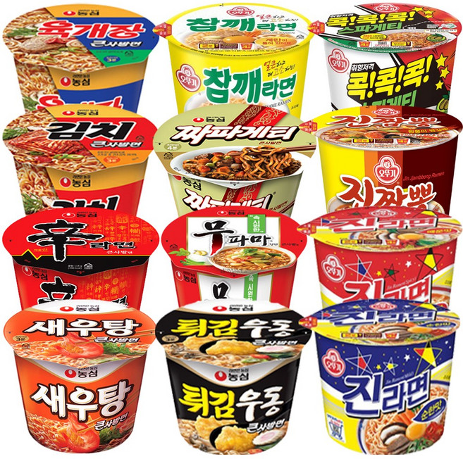 [햇살마중] 농심+오뚜기 용기컵라면 12종 새우탕+신라면+김치 큰사발+육개장 큰사발+ 튀김우동+ 무파마+짜파게티+참깨라면+진라면순한맛+진라면매운맛+스파게티+진짬뽕, 1개