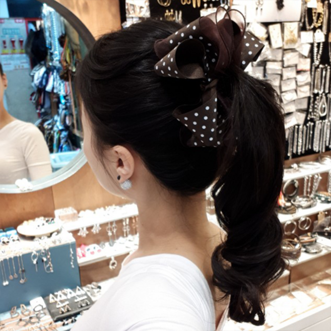 12cm 바나나핀 시스루랑 도트 이중 볼륨 리본 바나나 12cm