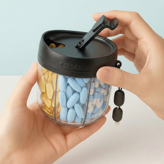 [올인원 휴대약통] 스핀캡슐 영양제 소분 케이스 일주일 약통 정리함, 블랙 소, 1개