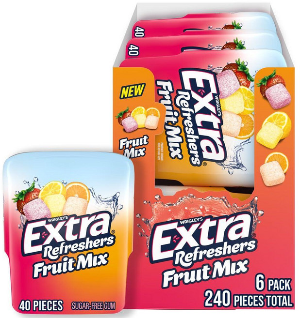 EXTRA Gum Refreshers 과일 믹스 무설탕 츄잉껌 벌크 40피스 병 (6팩)