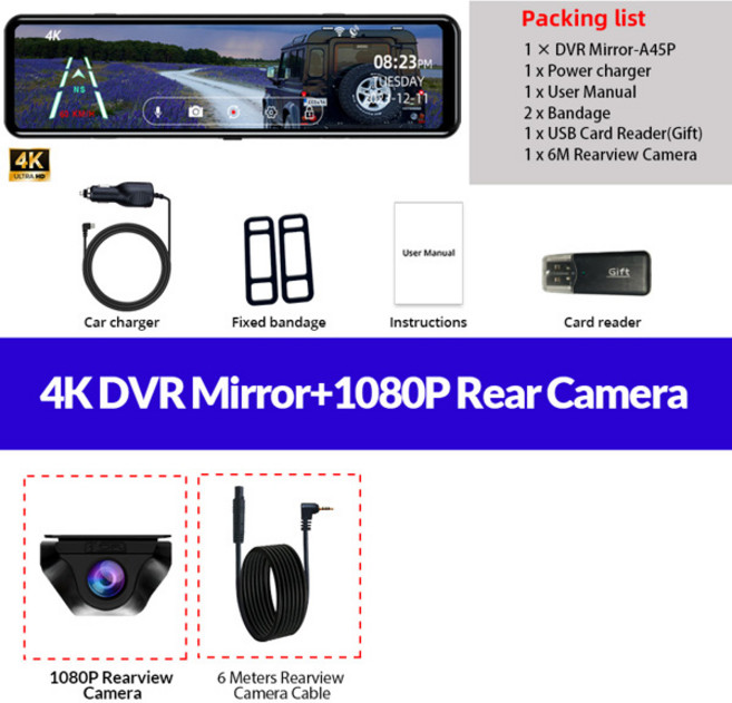 Acceo A45P 4K Dashcam 내장 WIFI 자동차 레코더 12 인치 자동차 미러 DVR IPS 파크 GPS 1080P 후면 카메라 블랙, 01 A45P-6M RC, 01 32G