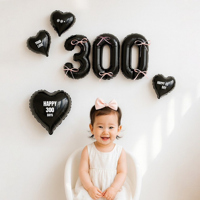 해피제이니 블랙 핑크 숫자 리본 하트 기념일 풍선세트(자유레터링), 1세트, 블랙300