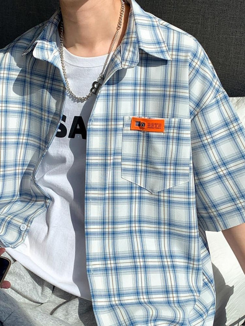 格子短袖襯衫男士夏季港風寬鬆大碼百搭半袖衣服韓版潮流襯衣外套