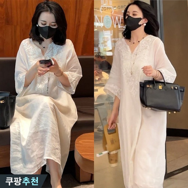 (완전 추천) 85kg까지 빅사이즈 여성 빈티지 자수 브이넥 에스닉 패치워크 원피스 여름 편한 입체 뷔스티에 포인트 레이어드 디자인 모던 우아한 고급스러운 찰랑 시원한 박스 원피스