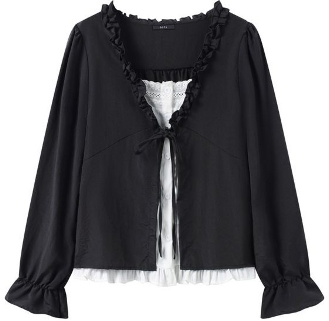 GGPX 프릴 넥 레이어드 배색 긴팔 블라우스 (GQABA020D)