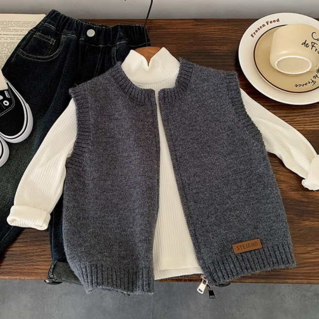 구빠방 아동 베이직핏 라운드넥 집업 패치 민소매 니트 조끼