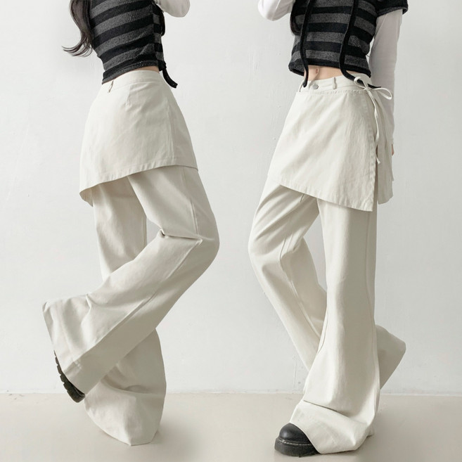 제이앤썸 랩팬츠 부츠컷 팬츠 레이어드 치마바지 언발 랩스커트 코튼 바지 리본 스트랩