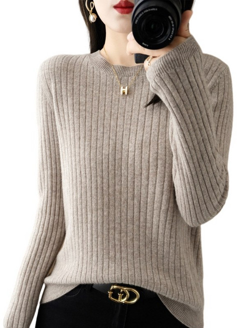 여성용 베이직 골지 라운드넥 니트 긴팔티 부드러운 간절기 데일리룩 티셔츠 Knitted T-shirt GH2217